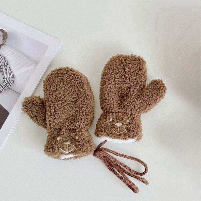 Fashion Coffee Gloves Lamb Wool Bear Embroidered Halterneck Gloves