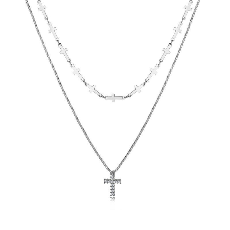 Fashion Silver Alloy Cross Double Layer Necklace