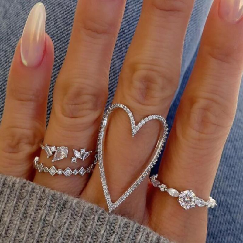 Fashion Silver Alloy Diamond Love Ring Set