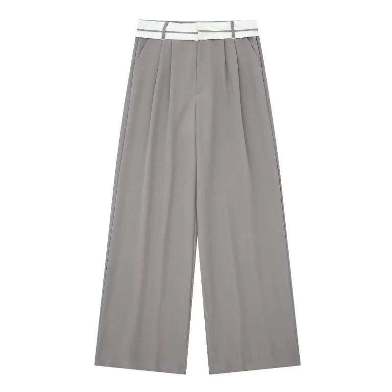 Fashion Grey Blend Pleated Rolled Hem Straight-leg Trousers