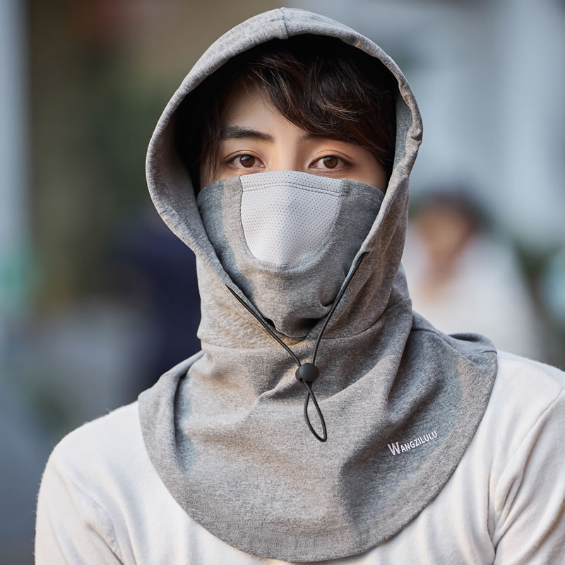 Fashion Light Gray Polyester Drawstring Protective Mask Neck Hood Hood