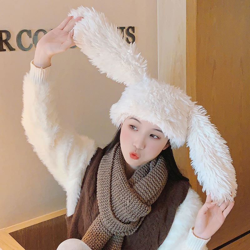 Fashion White Cotton Polyester Plush Rabbit Ears Pullover Hat