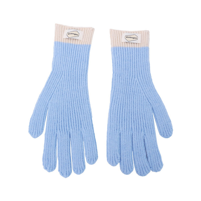 Fashion Blue Cotton Polyester Color Block Patch Knitted Five-finger Gloves