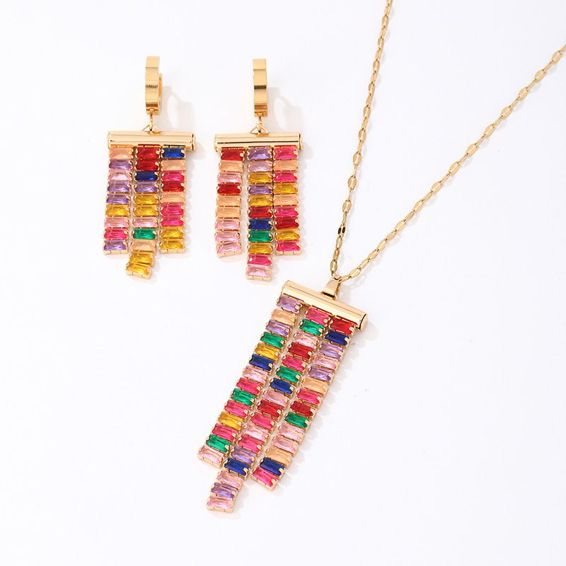 Fashion 2# Copper Inlaid Square Colored Zirconium Earrings And Necklace Set