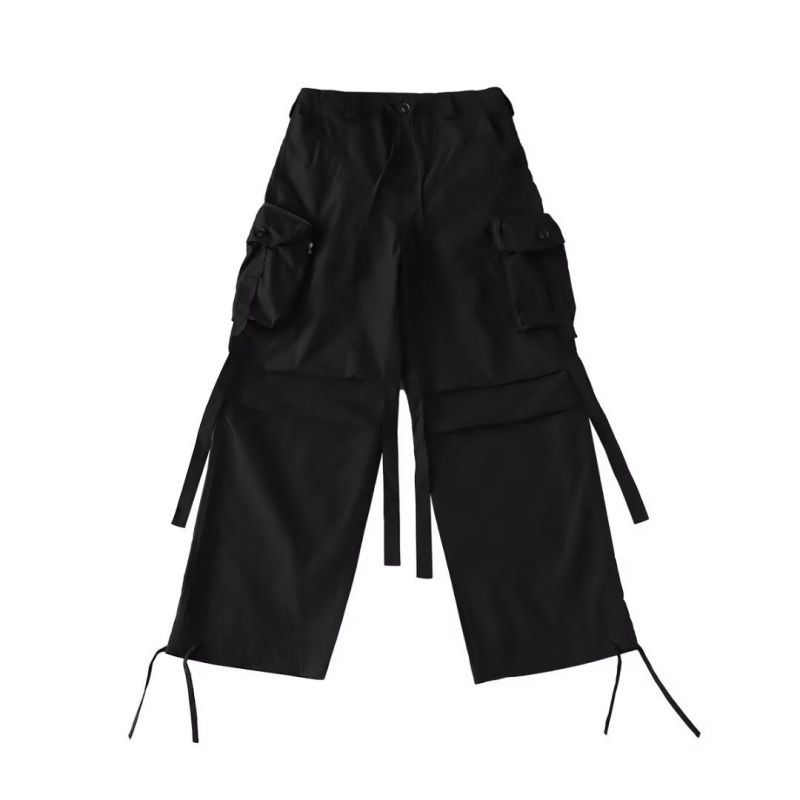 Fashion Black Multi-pocket Drawstring Cargo Straight-leg Trousers
