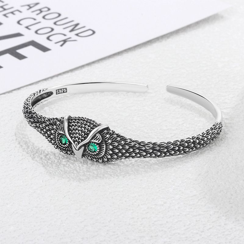 Fashion Green Eyed Retro Silver Sz4201 Metal Owl Open Bracelet For Men