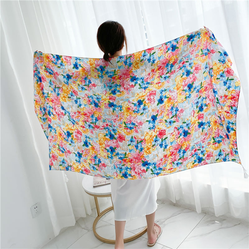 Fashion 79 Yellow And Blue Flowers Cotton And Linen Printed Sun Protection Scarf Shawl