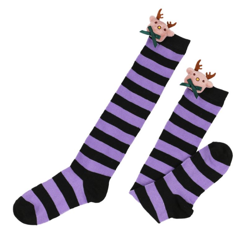Fashion 6# Purple And Black Stripes/bow Tie Deer Polyester Three-dimensional Christmas Striped Knitted Over-the-knee Socks