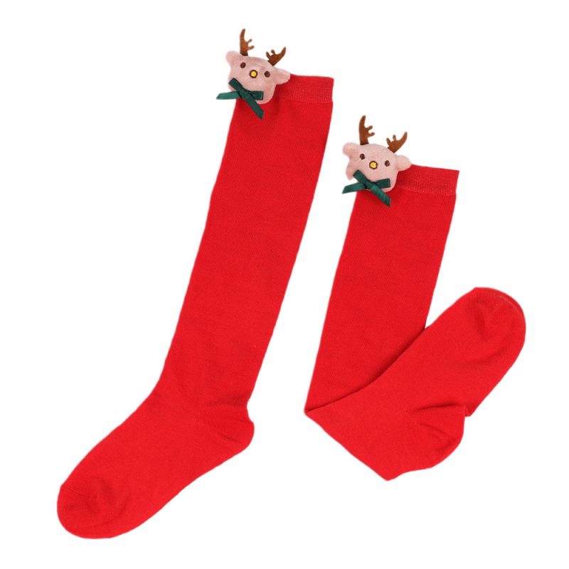 Fashion 15# Pure Red/bow Tie Deer Polyester Three-dimensional Christmas Knitted Over-the-knee Socks