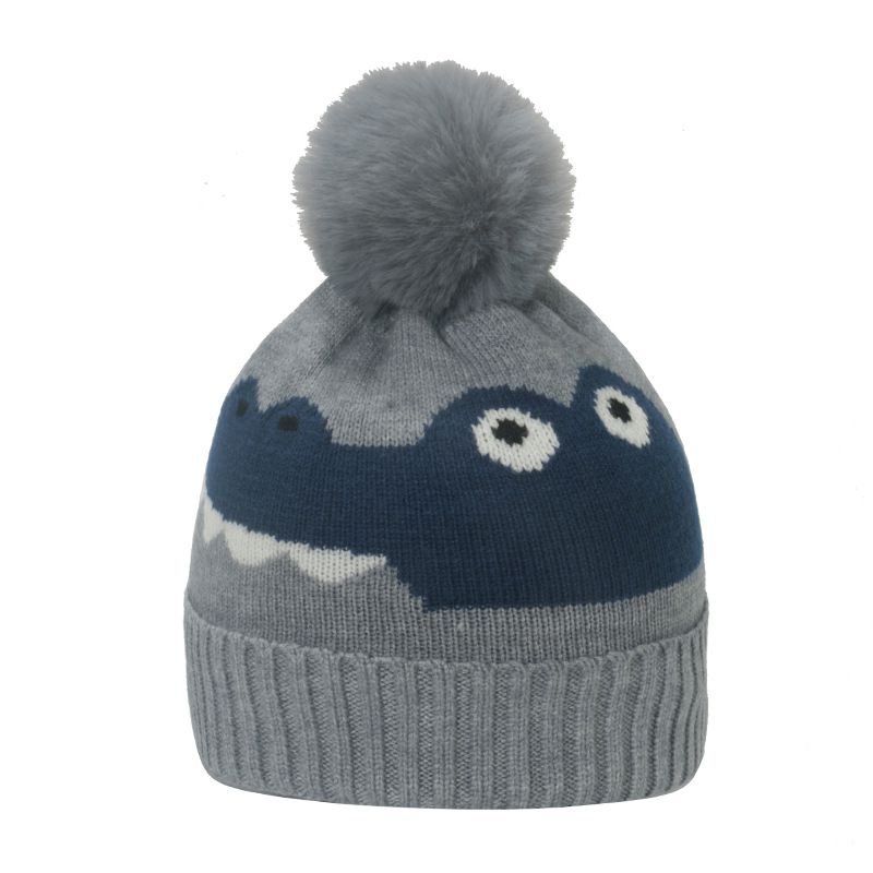 Fashion Grey Acrylic Dinosaur Embroidered Protective Knitted Children's Beanie