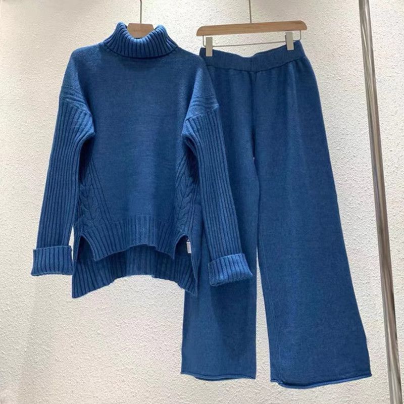 Fashion Blue Spandex Knitted Turtleneck Sweater Wide Leg Trousers Suit