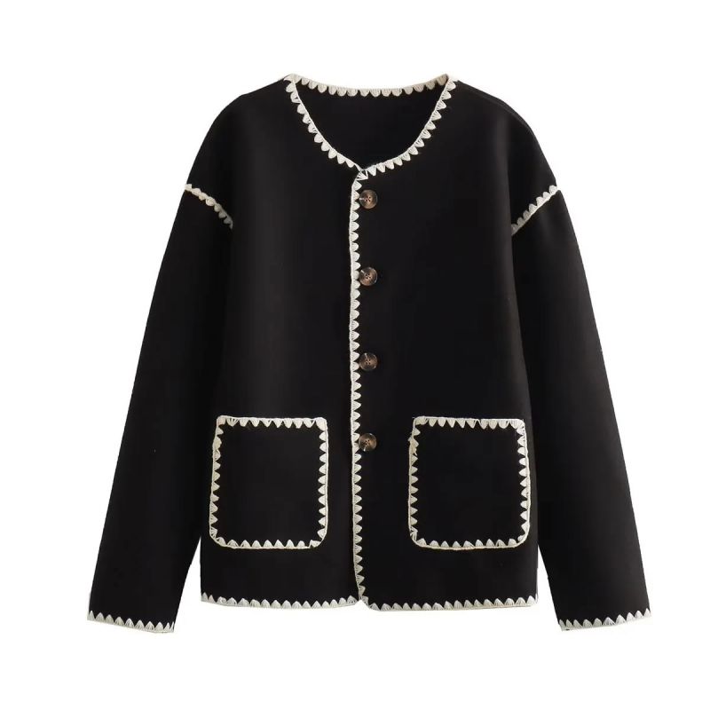 Fashion Black Colorblock Buttoned Jacket  Woolen Cloth