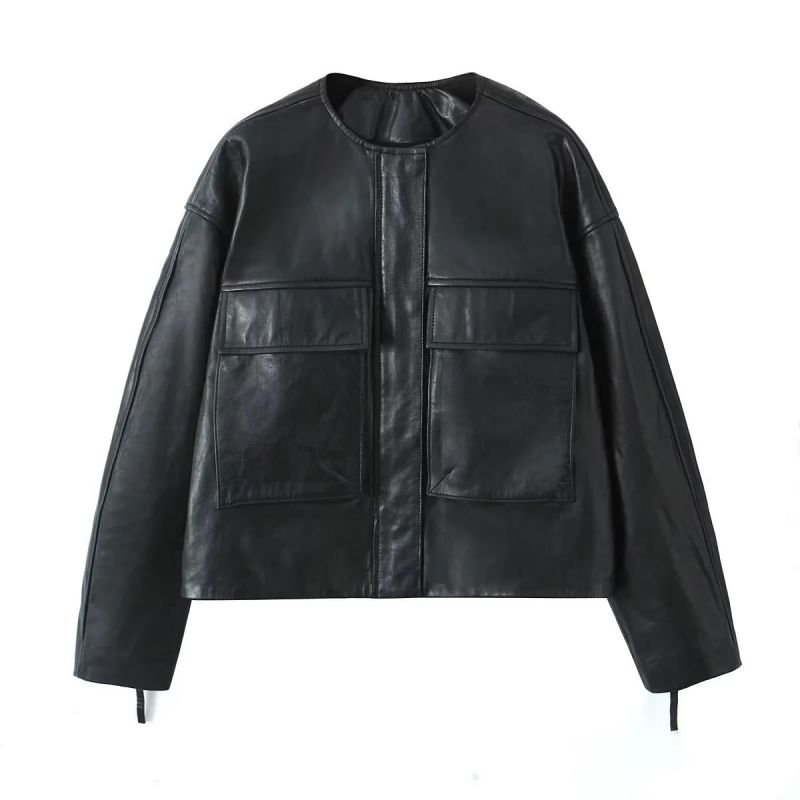 Fashion Black Leather Buttoned Crew Neck Jacket  Polyester