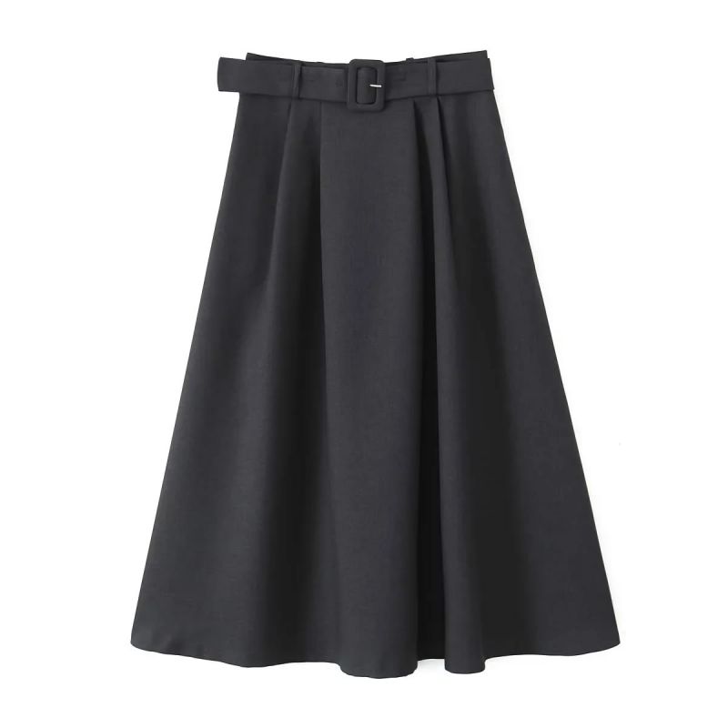 Fashion Black Polyester Belted Pleated Skirt  Polyester