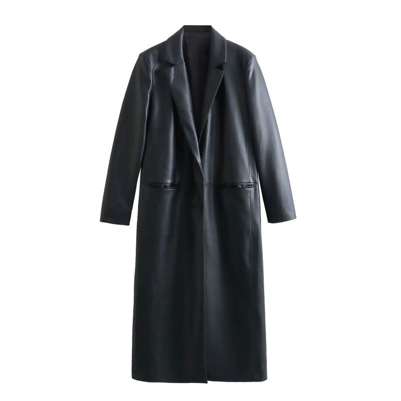 Fashion Black Imitation Leather Lapel Coat