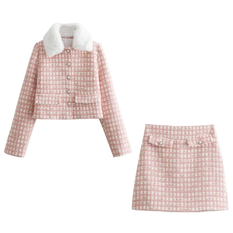 Fashion Pink Woolen Plaid Plush Lapel Buttoned Jacket And Skirt Suit