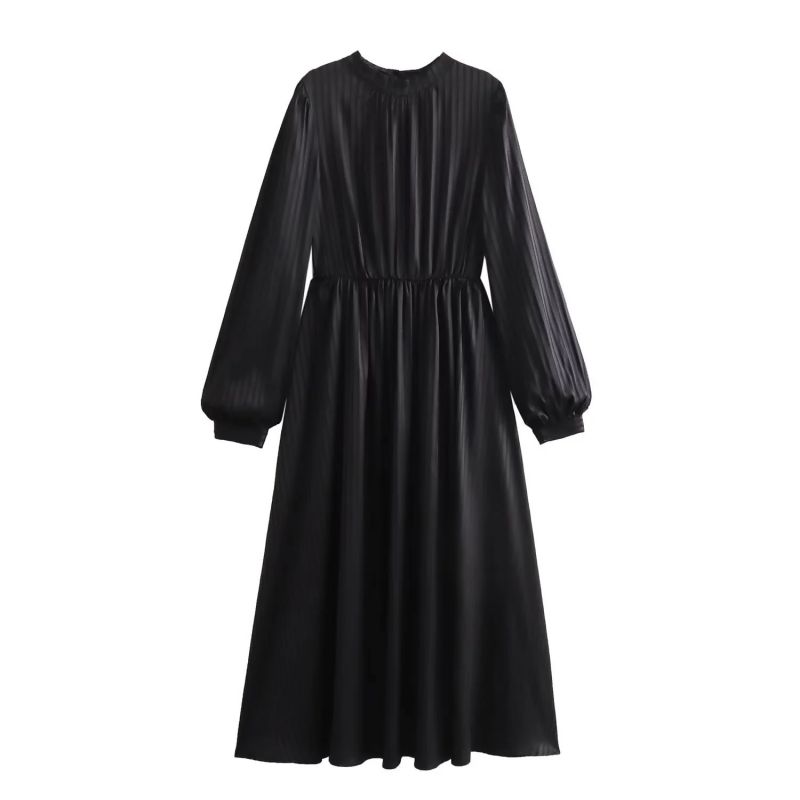 Fashion Black Woven Pleated Puff-sleeve Long Skirt