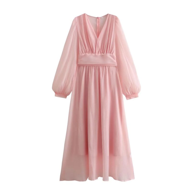 Fashion Pink Polyester Puff Sleeve V-neck Dress