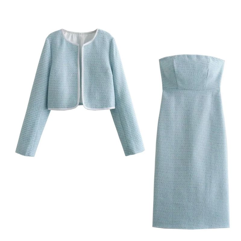 Fashion Blue Woolen Round Neck Jacket And Tube Top Skirt Suit