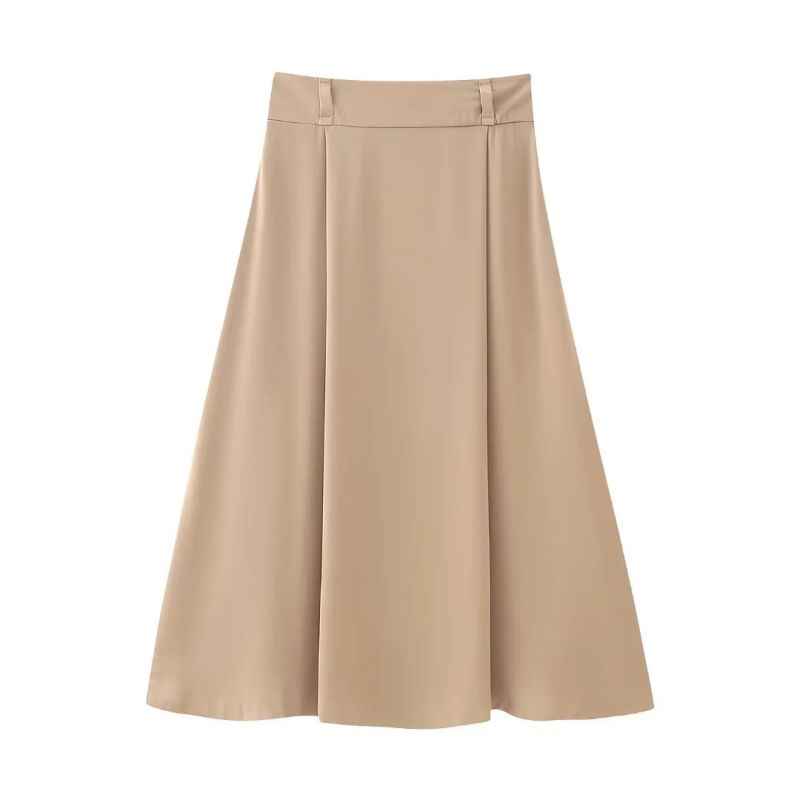Fashion Khaki Polyester Pleated Wide Hem Skirt