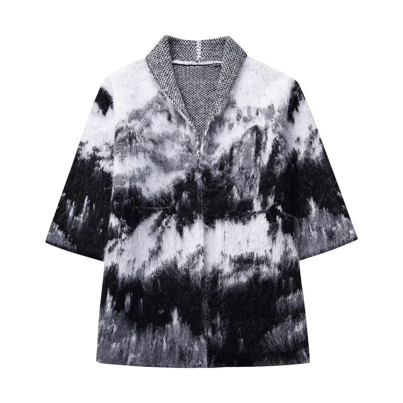 Fashion Black And White Polyester Printed Lapel Jacket