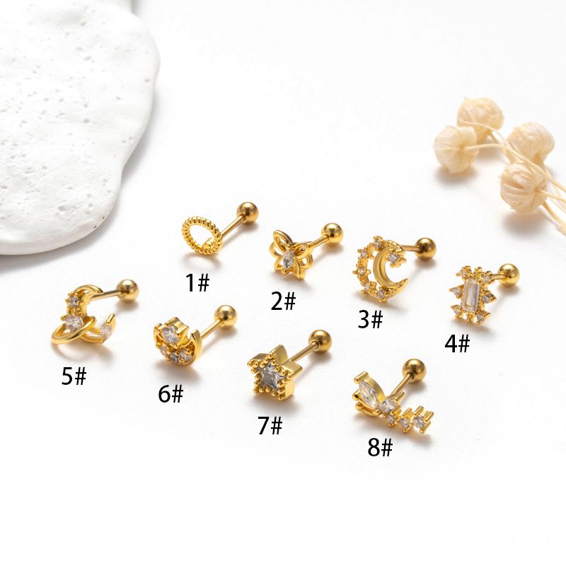 Fashion 8#gold Stainless Steel Diamond-encrusted Geometric Piercing Nails (single)
