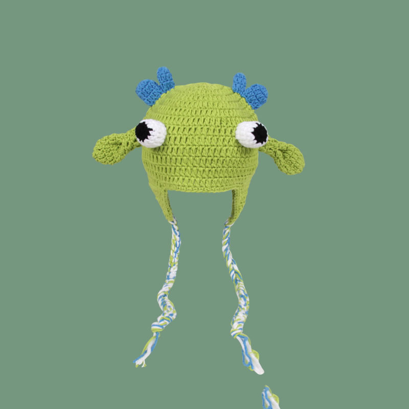 Fashion Children's Green Hat - Pigtails Antlers And Eyes Cartoon Knitted Monster Children's Beanie Hat