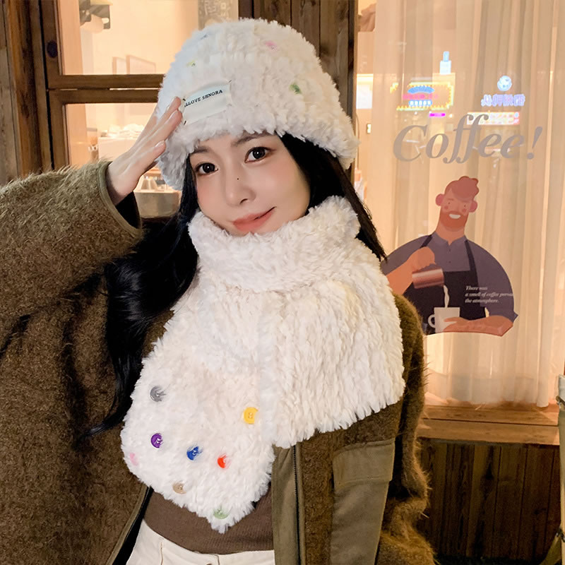 Fashion Scarf + Hat Colorful Button Plush Scarf + Patch Hood