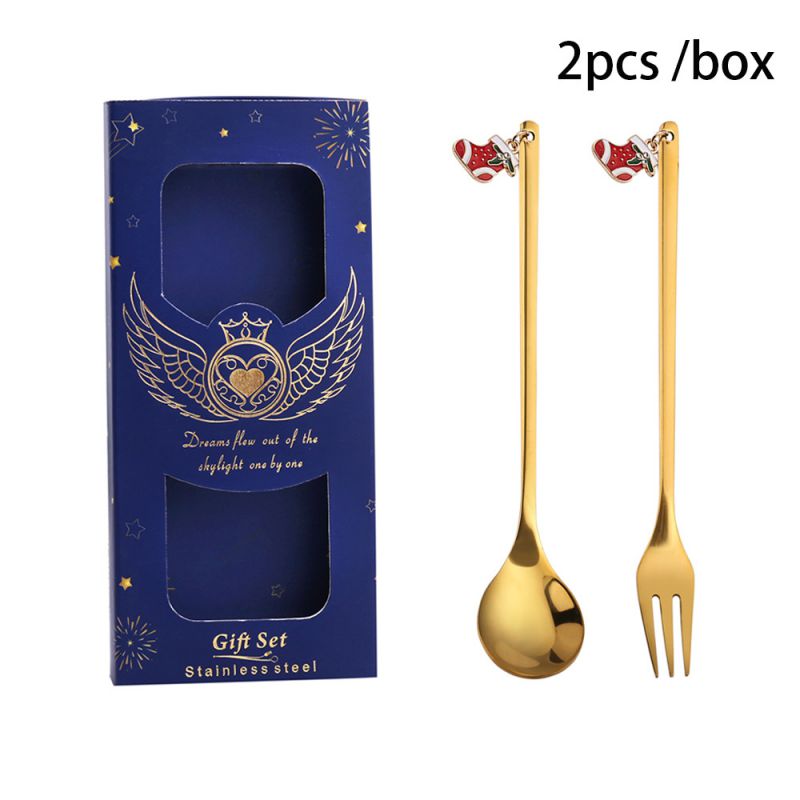 Fashion 410 Christmas Stocking Spoon And Fork + Blue Box Stainless Steel Christmas Dessert Spoon And Fork