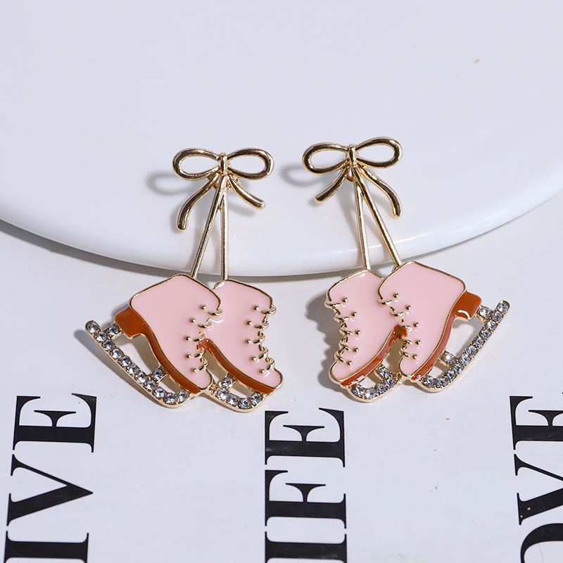 Fashion Pink Alloy Diamond-drip Skate Bow Earrings