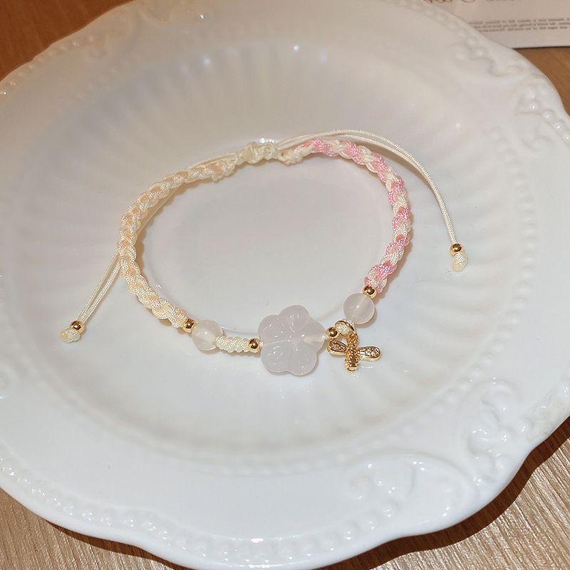 Fashion Bracelet-gold-off-white-pink Copper Inlaid Zirconium Bee Flower Braided Bracelet