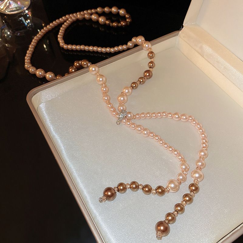Fashion Necklace - Champagne Color Alloy Diamond Pearl Y-shaped Necklace