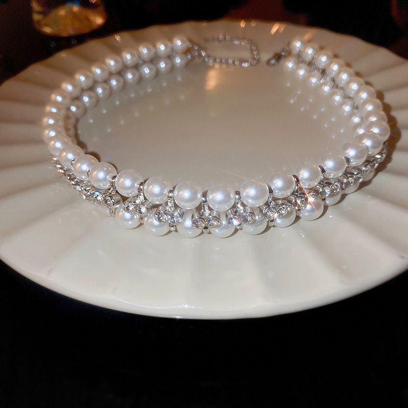 Fashion Necklace-white Alloy Diamond Pearl Beads Double Layer Necklace