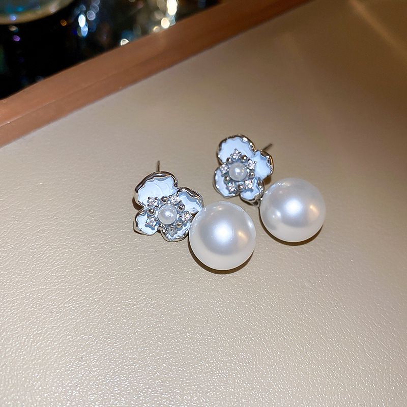 Fashion Blue Geometric Diamond Flower Pearl Earrings