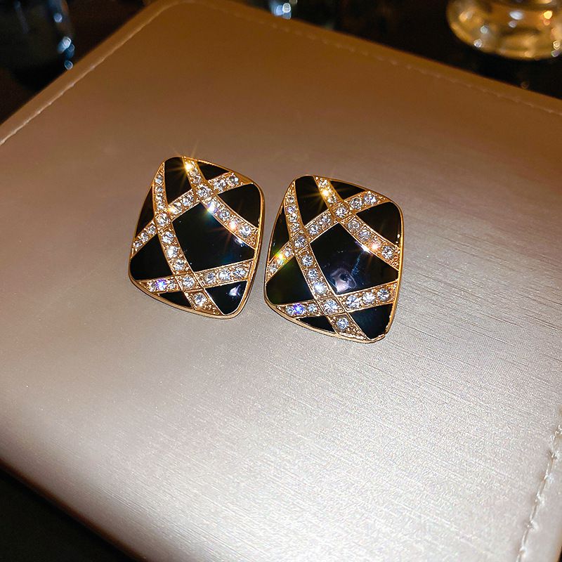 Fashion Black Alloy Diamond Square Oil Drop Earrings