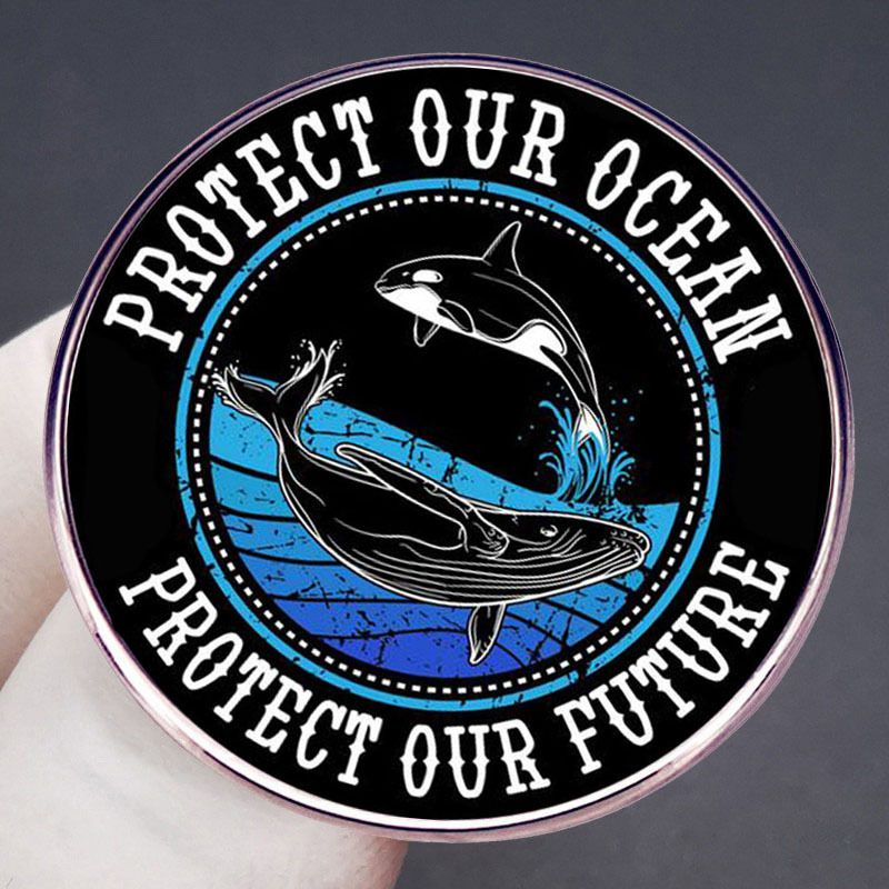 Fashion Protecting The Ocean Is Protecting Our Future Metallic Printed Round Brooch