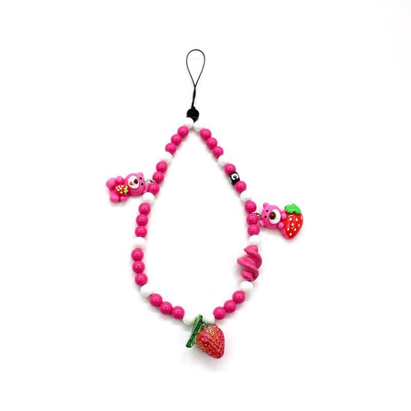 Fashion Strawberry Bear Acrylic Geometric Beaded Bear Strawberry Mobile Phone Chain