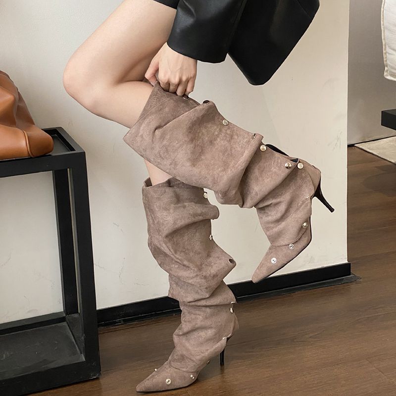 Fashion Grey Pu Rivet Wide Pleated Boots