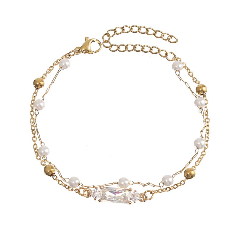 Fashion White Diamond Bracelet Metal Pearl Chain Square Diamond Double Layer Bracelet