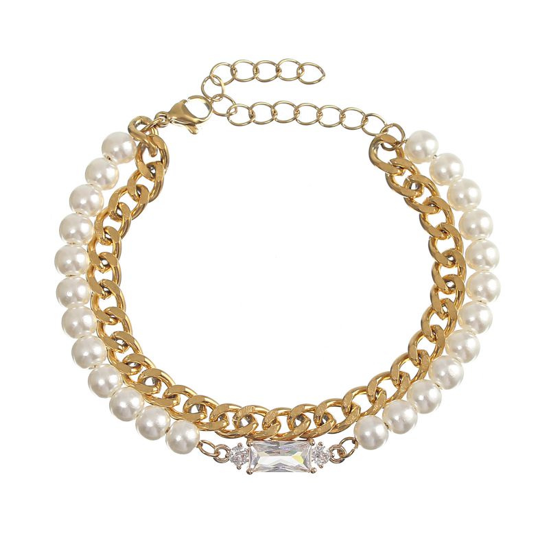Fashion White Diamond Imitation Pearl Cuban Chain Double Layer Bracelet Metal Square Diamond Pearl Bead Chain Double Layer Bracelet