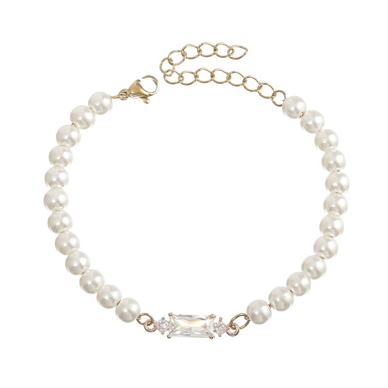 Fashion White Diamond Zircon Imitation Pearl Bracelet Metal Square Diamond Pearl Beads Bracelet