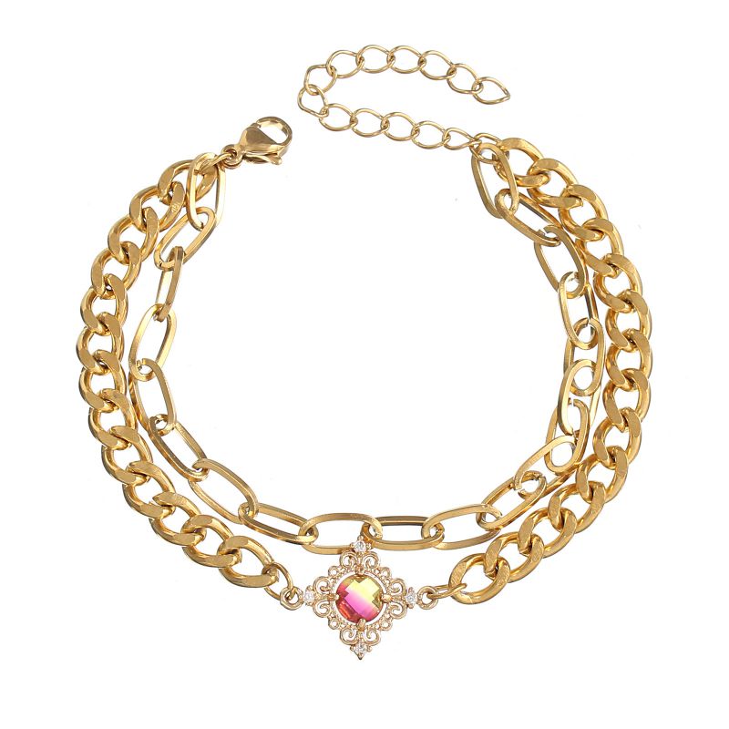 Fashion Dazzling Red And Yellow Stainless Steel Diamond Geometric Double Chain Bracelet  Mixed Material