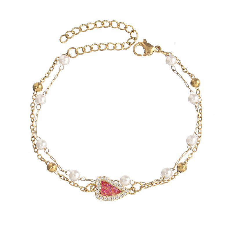 Fashion Red Heart Shape Diamond Imitation Pearl Double Chain Bracelet Alloy Diamond Love Pearl Double Layer Bracelet  Mixed Material