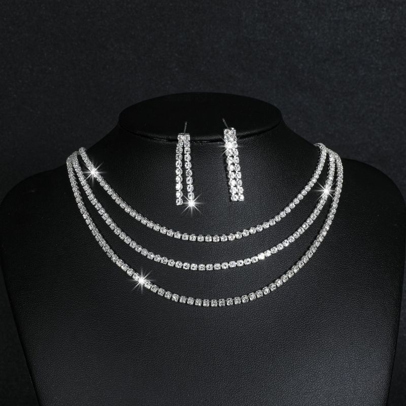 Fashion Silver Geometric Diamond Earrings Multi-layered Necklace Set  Rhinestones