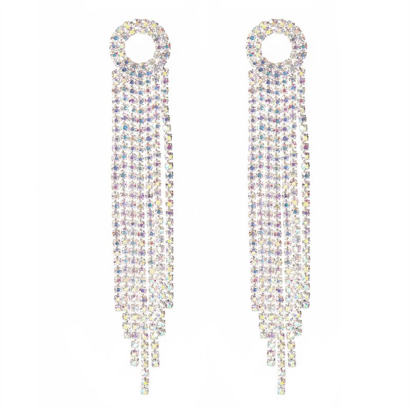 Fashion Silver Geometric Diamond Long Tassel Earrings  Rhinestones