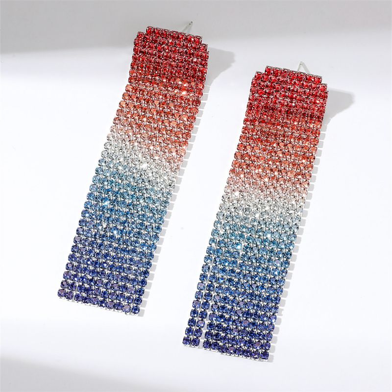 Fashion Color Geometric Diamond Long Tassel Earrings  Rhinestones