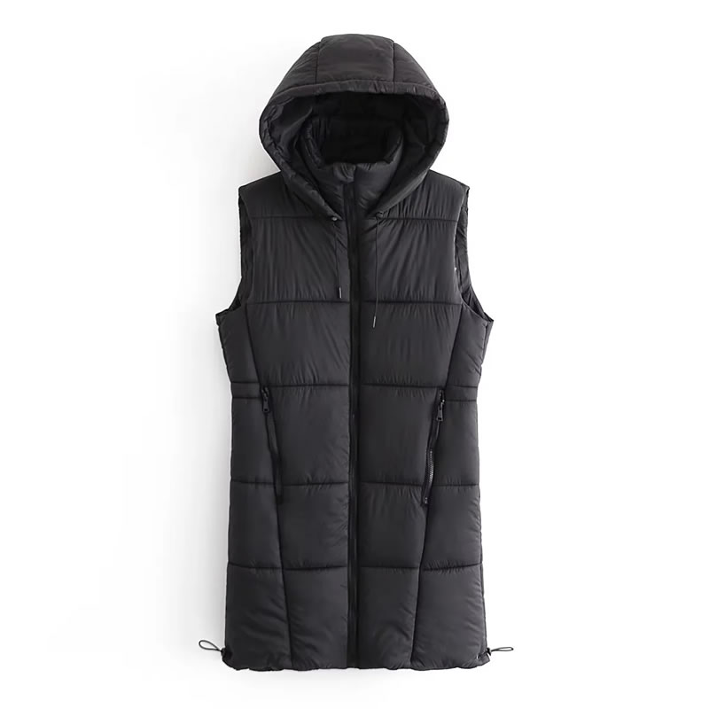 Fashion Black Polyester Stand Collar Hooded Cotton Vest Jacket  Polyester
