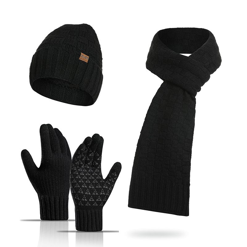 Fashion Black Wool Knitted Cable Beanie Scarf Set Five Finger Glove Set