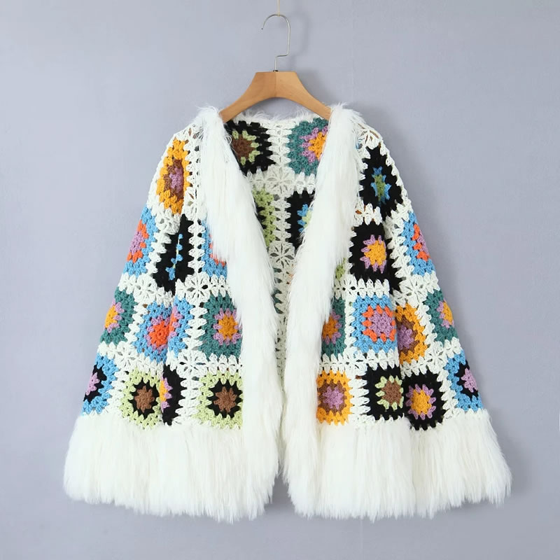 Fashion White Granny Check Knitted Sweater Cardigan