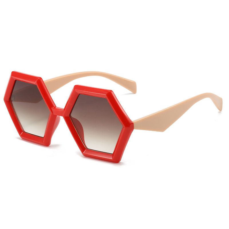 Fashion Red Frame Double Tea Slices Polygonal Sunglasses